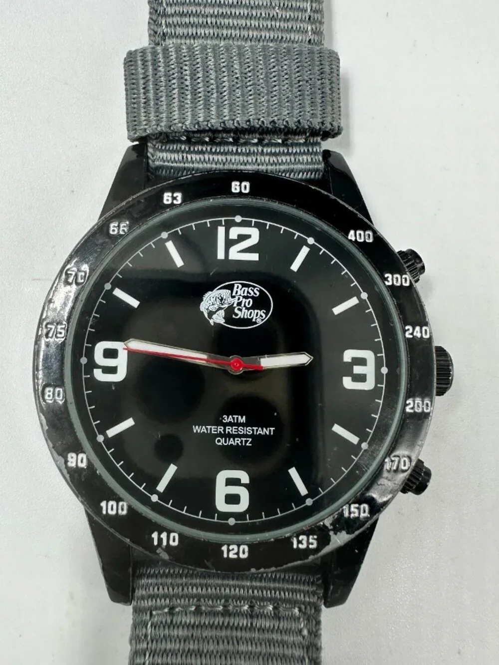 Bass Pro Shops Watch Men Black Dial 46MM Grey Canvas Band New Battery 9